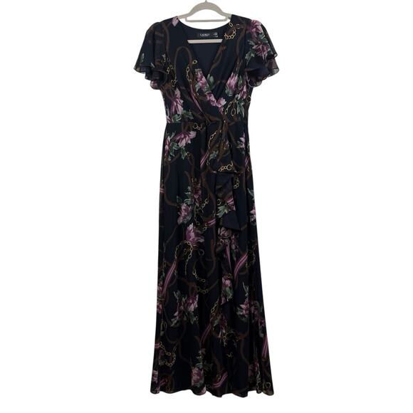 Lauren Ralph Lauren Black Floral Equestrian Belt Print Maxi Dress 4P Ruffle - Picture 1 of 16